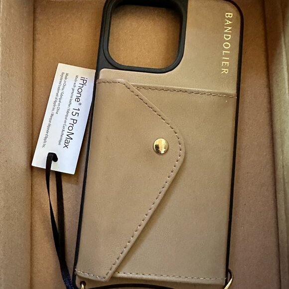 Bandolier designer phone case cross body bag iPhone 15 ProMax strap tan gold - Picture 10 of 12